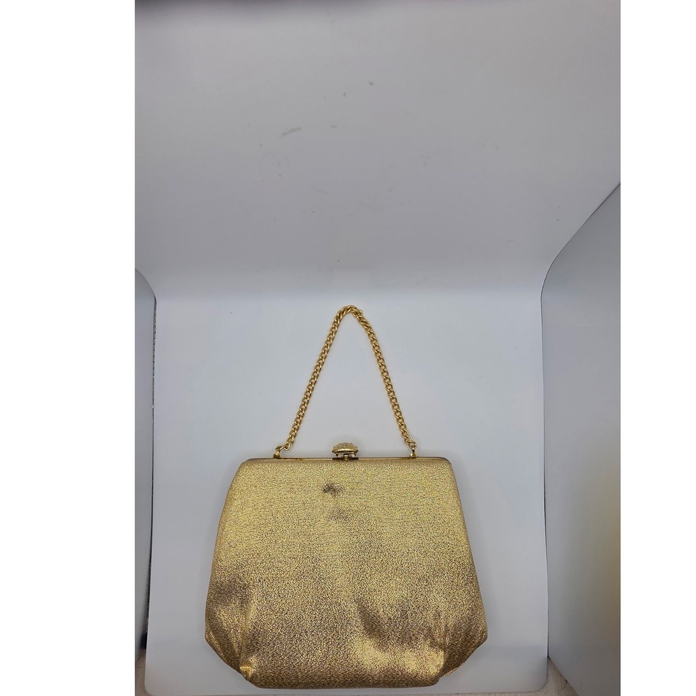 Vintage Gold Metallic Evening Clutch Bag Chain Handle Formal Wedding Party